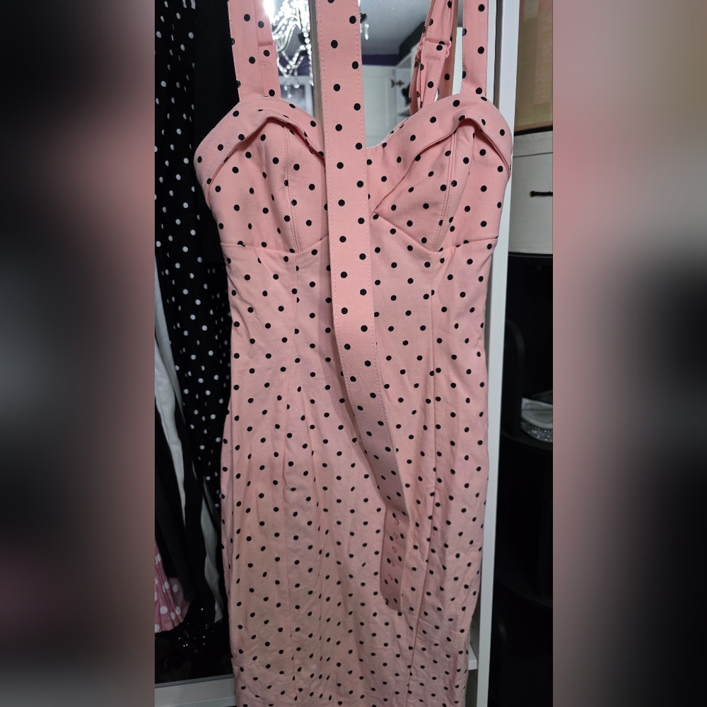 Vixen by Micheline Pitt Pink Polka Dot Midi Dress with Belt - Picture 4 of 7